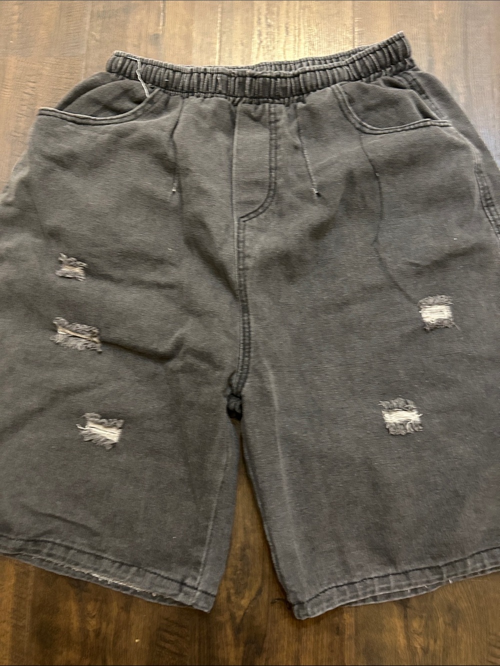 Men's Distressed Black Denim Shorts - Casual Elastic Waist
